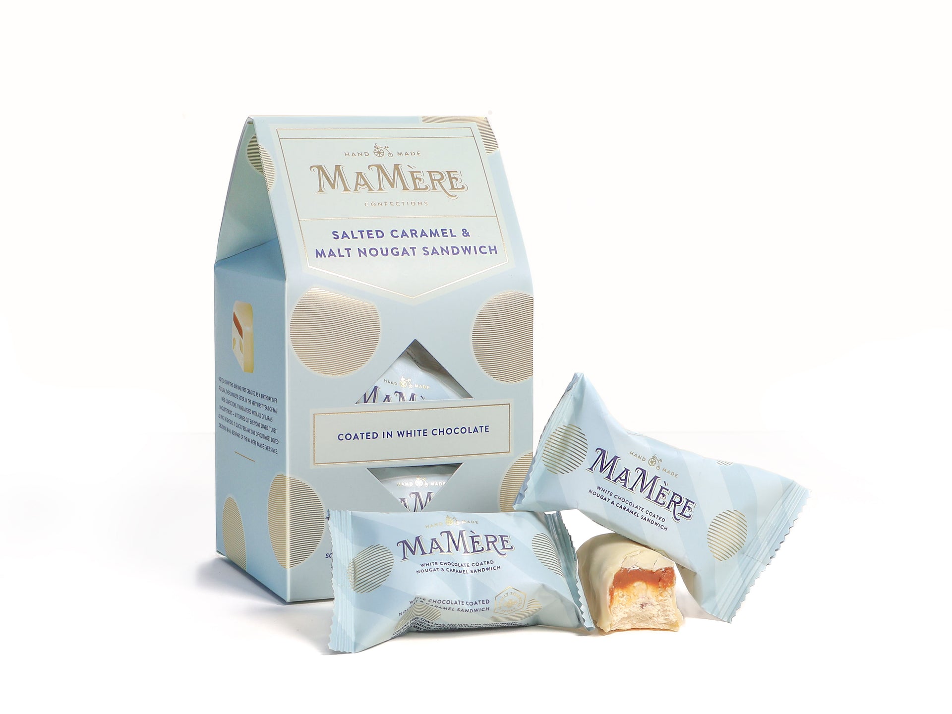 White Choc coated Malt, Almond & Salt Caramel Nougat