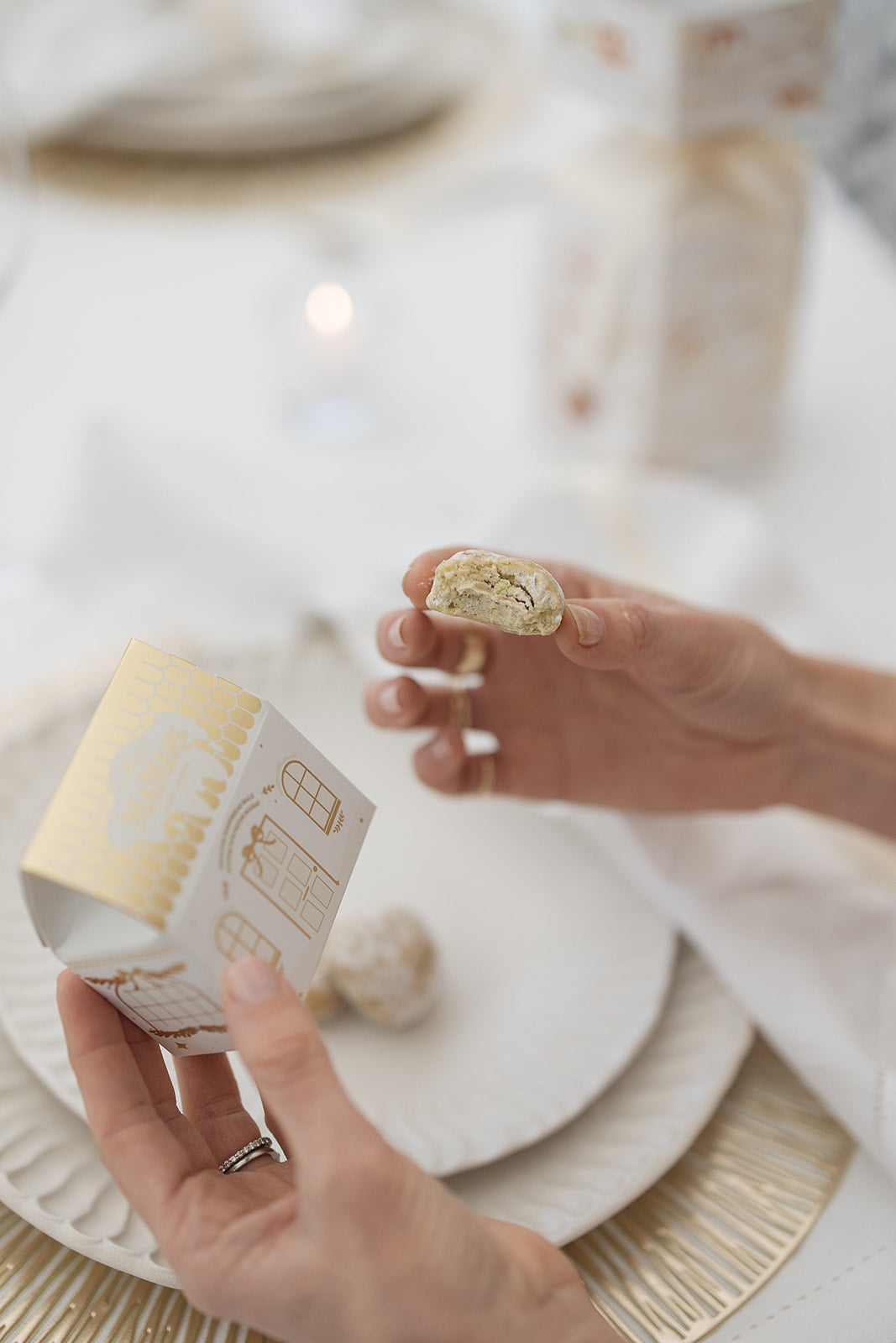 Mini Festive House Cream & Gold  - Pistachio & Festive nougat shortbread snowballs
